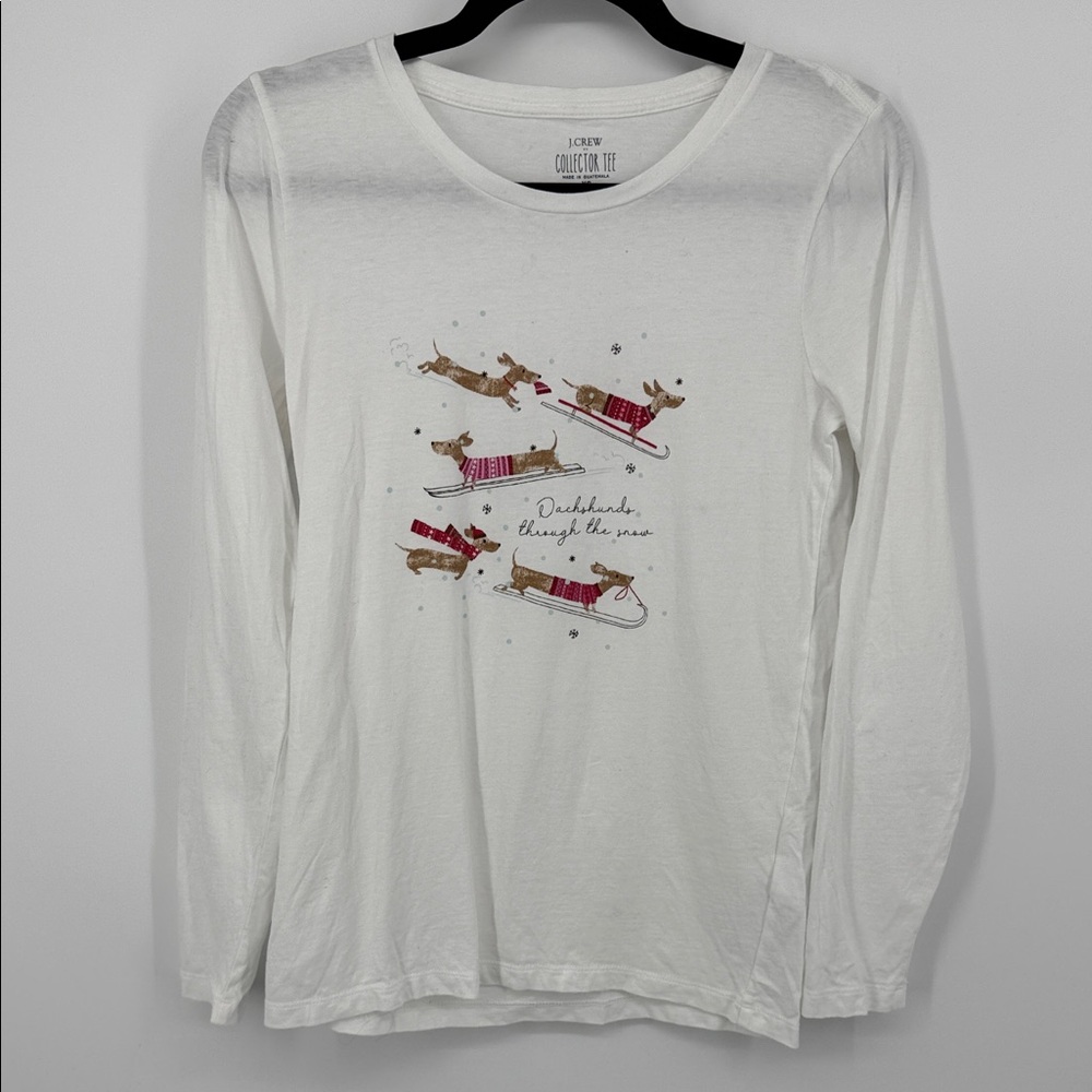 J. Crew Collector’s Tee White Long Sleeve with Dachshund Holiday Print XS